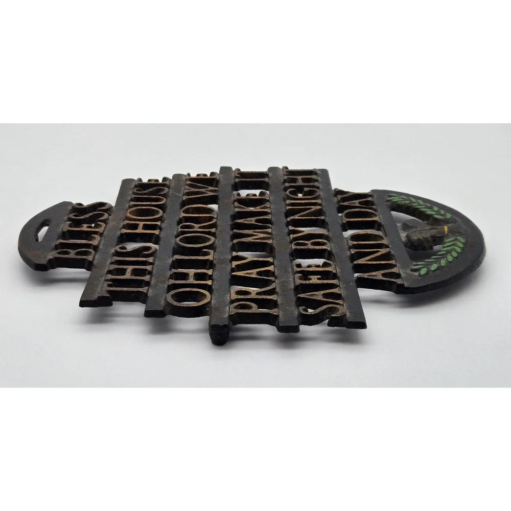 Wilton Cast Iron Trivet Bless This‎ House Prayer Black Gold Vintage Decor